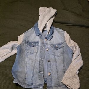 Kids' Light Blue Denim Jacket with Gray Hoodie Sleeves